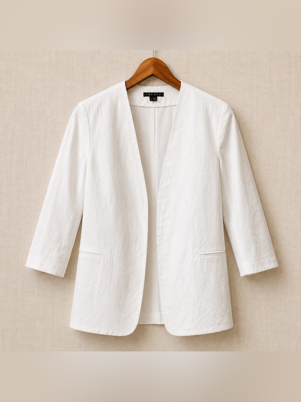 THEORY Collarless Open Front Linen Blend Blazer Jacket White 3/4 Sleeve size 12 - Picture 2 of 8